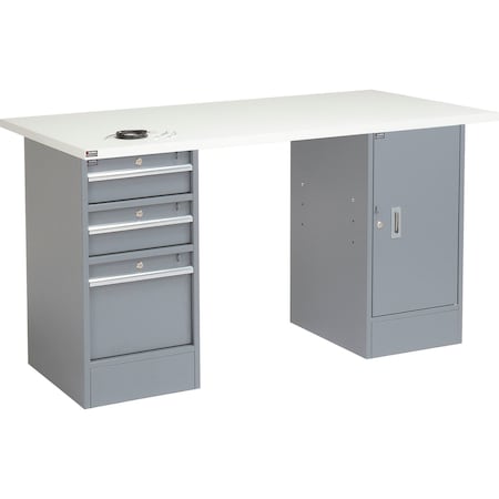 Global Industrial 60inW x 30inD Pedestal Workbench, 3 Drawers & Cabinet, ESD Square Edge, Gray 607644
